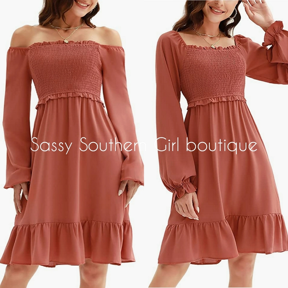 🆕⭐ Salmon off or on shoulder ruffle dress
